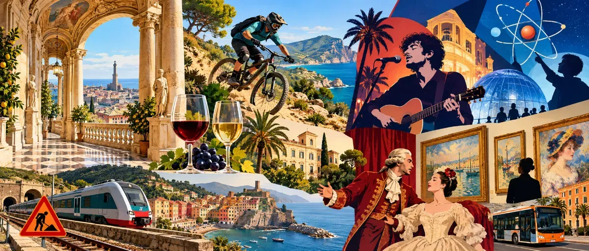 Illustrierte Collage mit Highlights aus Ligurien: Rolli-Paläste in Genua, Mountainbike-Enduro in Finale Ligure, Weinverkostung in Sanremo sowie Musik, Kunst und Wissenschaft.
