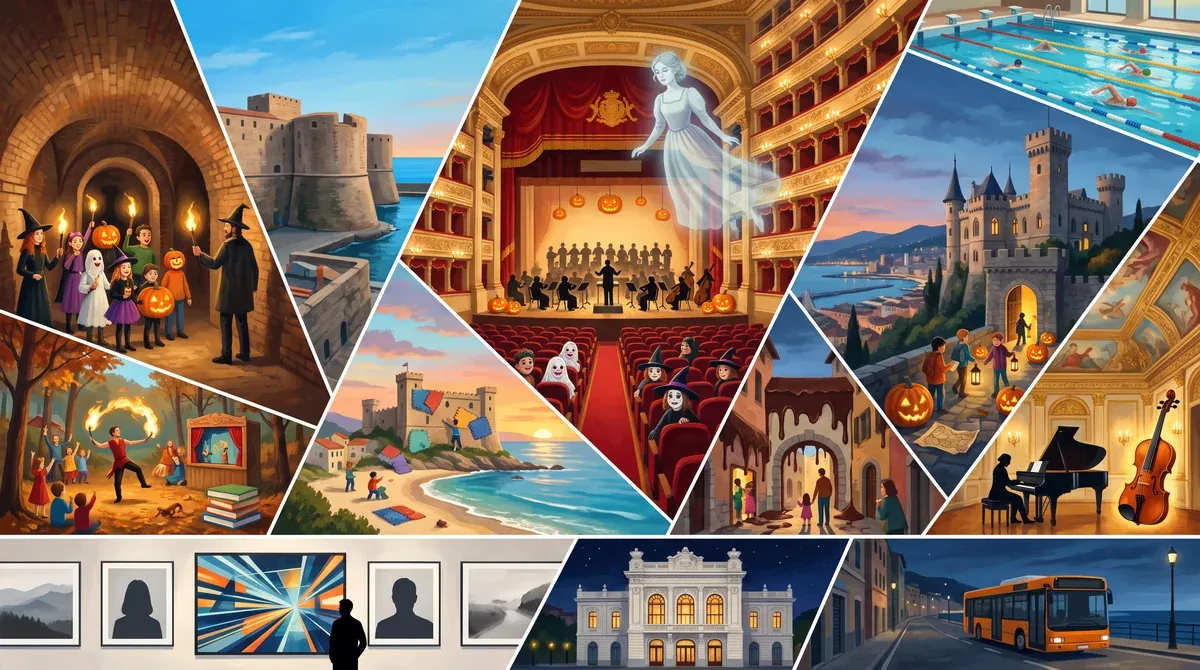 Illustrierte Collage zu Halloween in Ligurien: Fackelführung unter einer Festung in Savona, Kinder im Kostüm in einem Opernhaus in Genua, Schatzsuche vor einem Schloss.