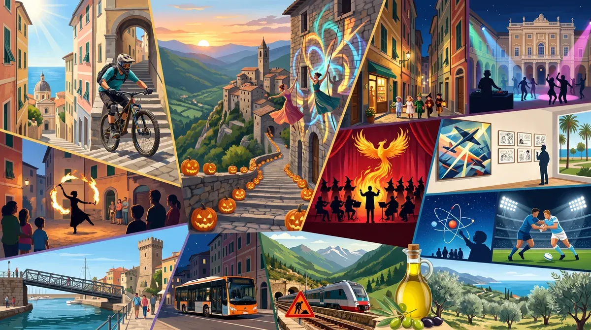 Illustrierte Collage zum Halloween-Wochenende in Ligurien: ein Mountainbiker in der Pigna von Sanremo, Tanz an einer Fassade in Triora, Kinder in Kostümen in der Altstadt von Genua.